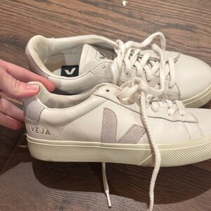 Veja Women’s Low-Top Sneakers in Off-White with Light Taupe V Logo